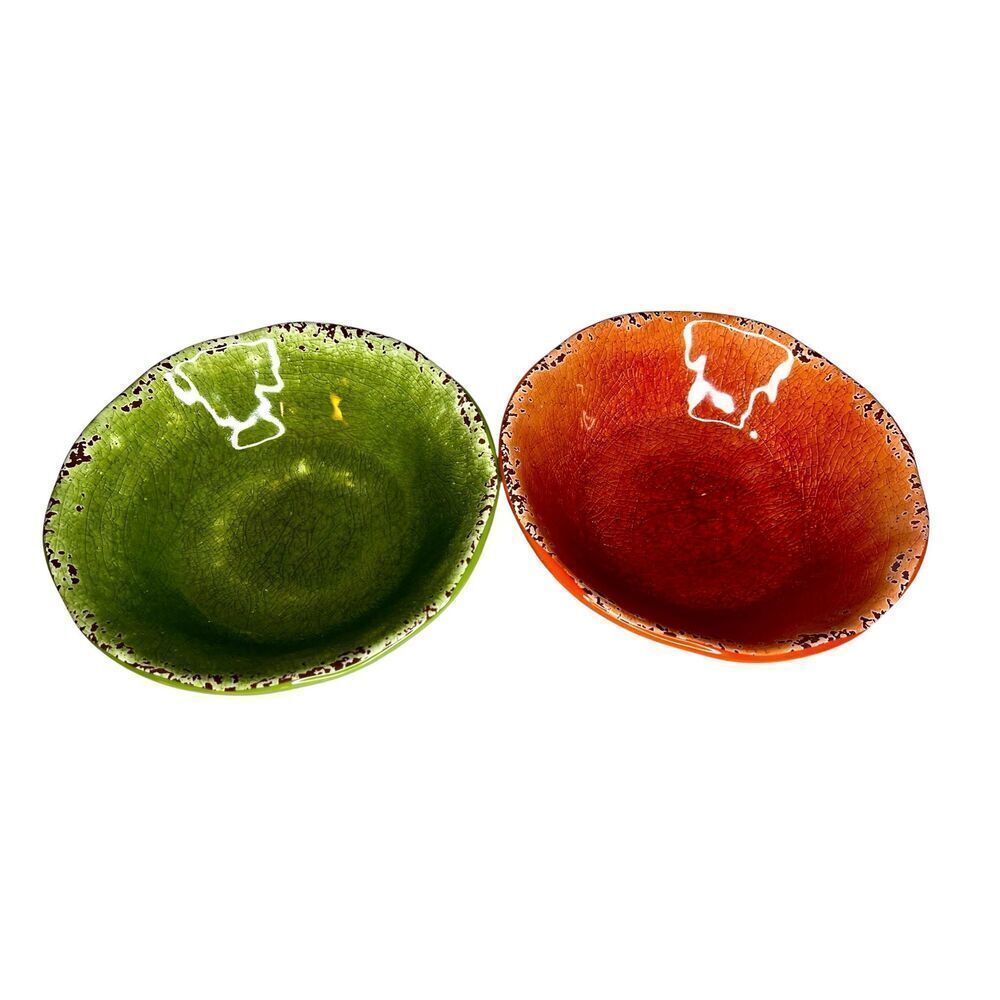 NWT Pier 1 Carmelo Melamine Green & Orange Crackle Set of 2 Bowls